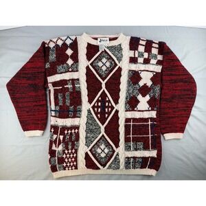 Vintage Joyce Patchwork Knit Sweater L Red Lodge Grandpa Cozy